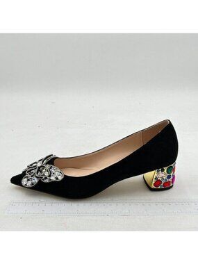 YDN Women Pointed Toe Bow Pump Colorful Rhinestone Block Low Heel Butterfly Slip